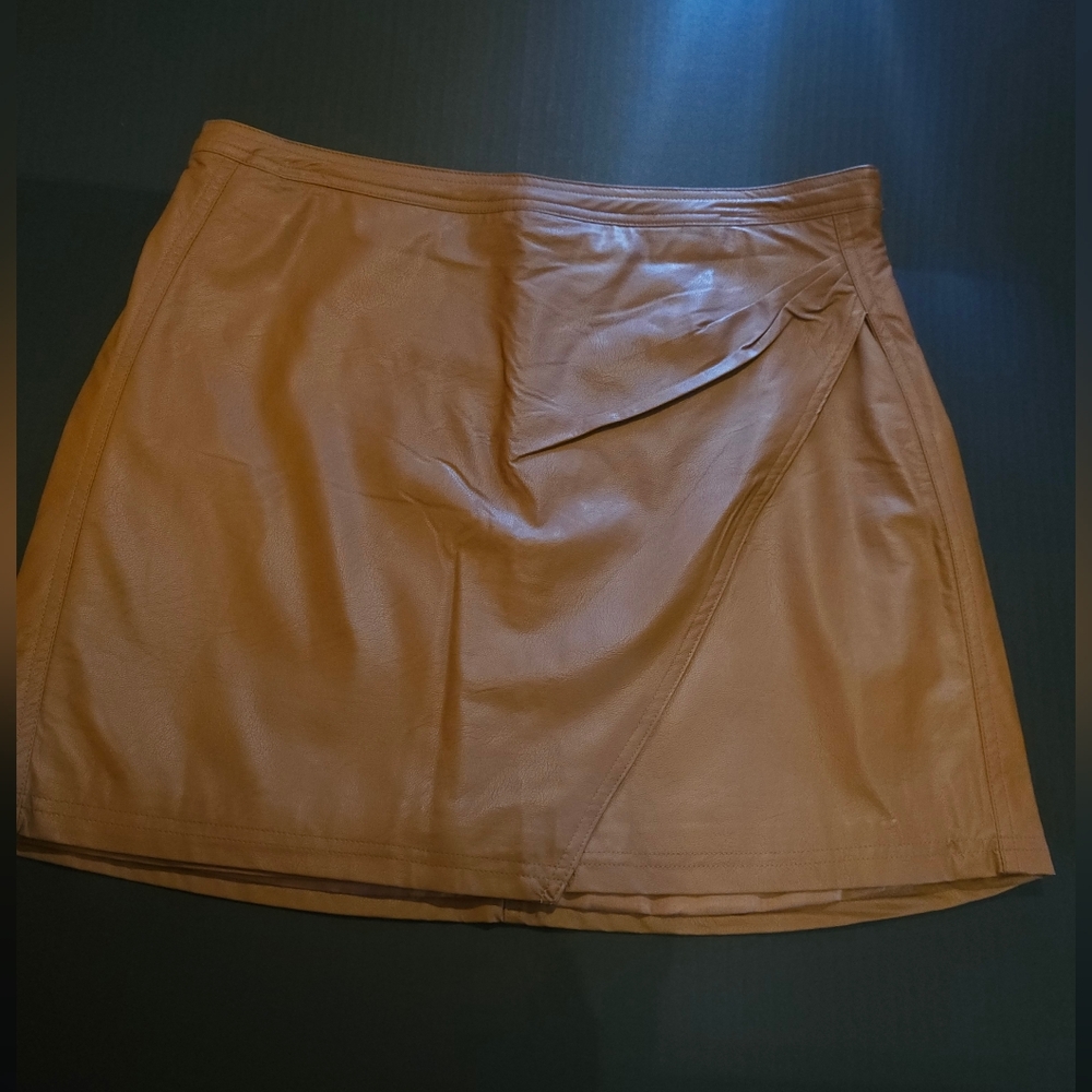 Shinestar Tan Faux Leather Mini Skirt with Overlay Detail